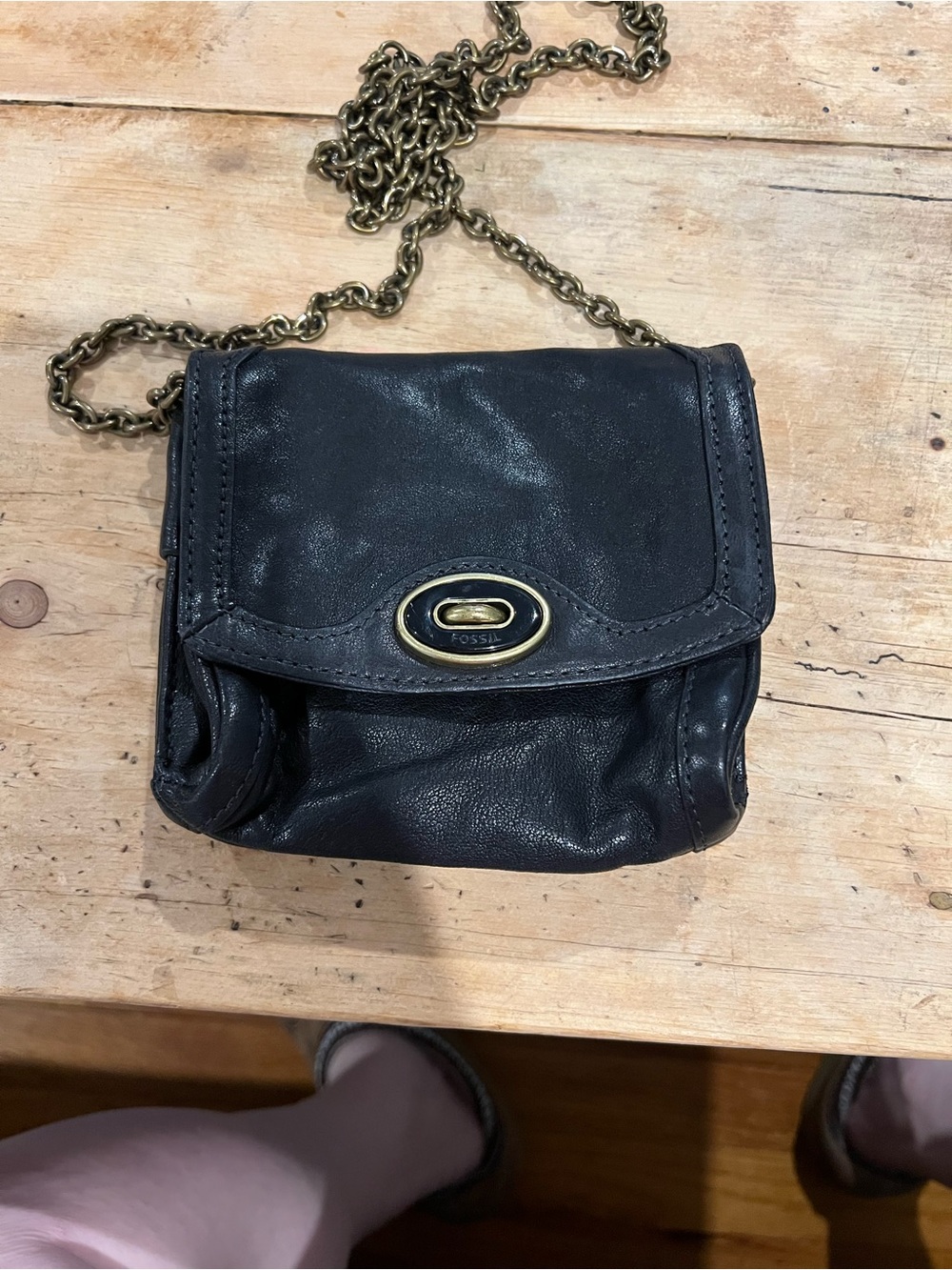 Fossil Black Leather Mini Crossbody Bag with Chain Strap
